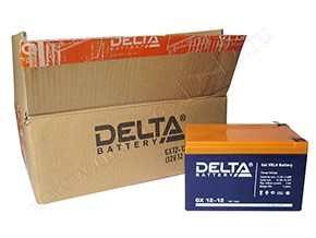 Открытая коробка и аккумулятор Delta GX 12-12 рядом